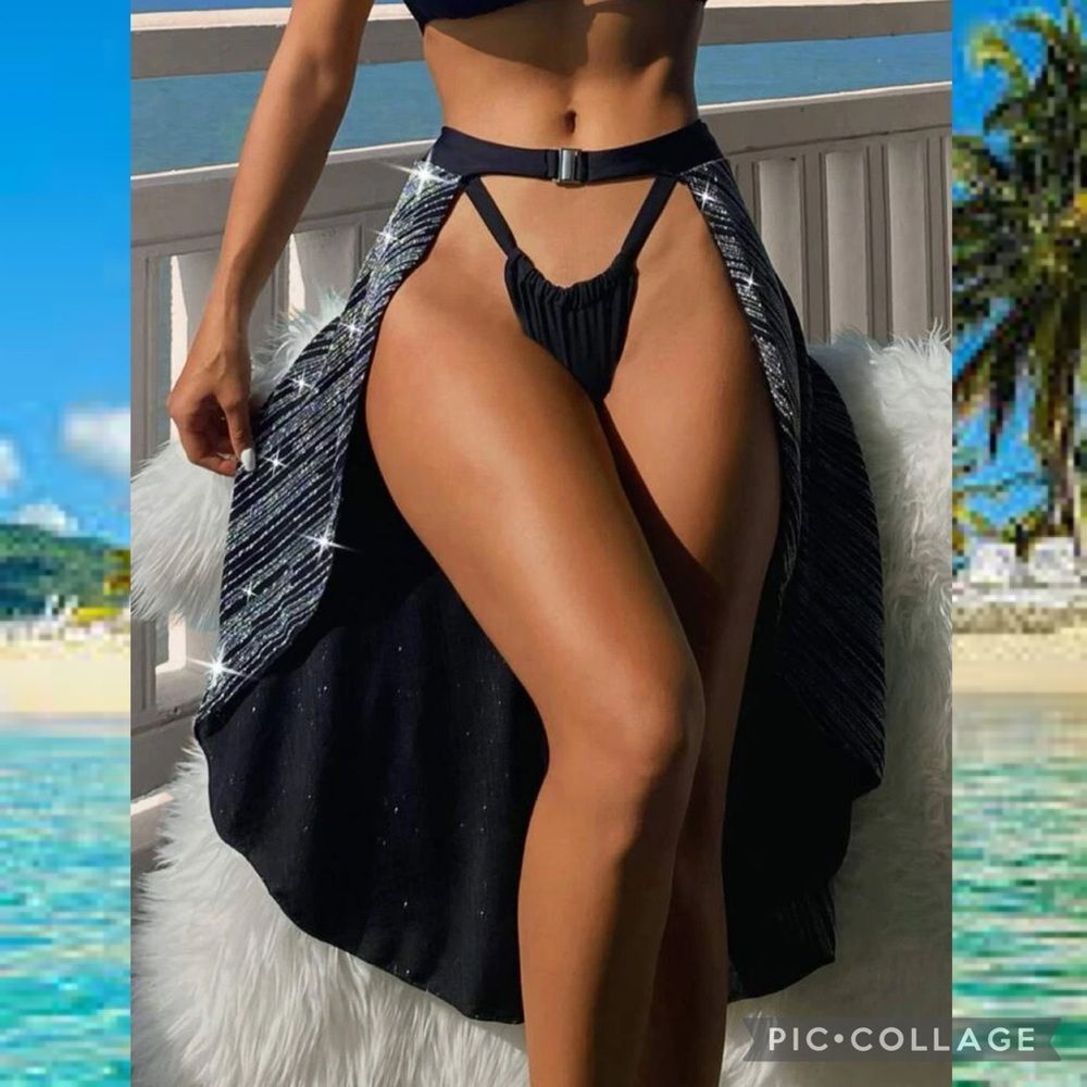 Luxe Black Glitter Maxi Bikini Swimsuit Coverup Skirt